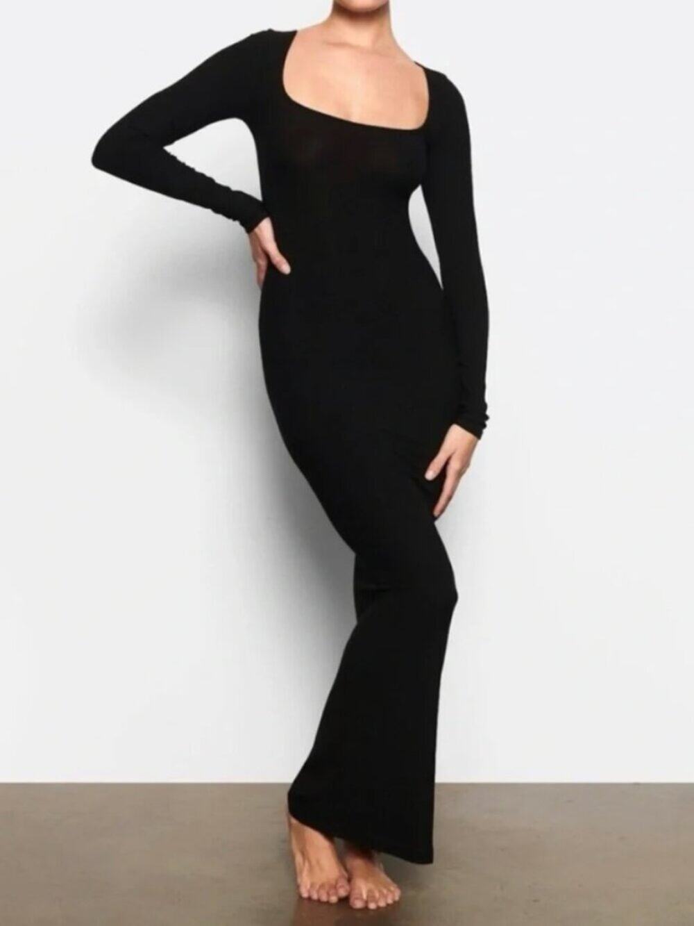 SKIMS NWT Black Long Sleeve Ribbed Maxi Dress in Onyx Size M
